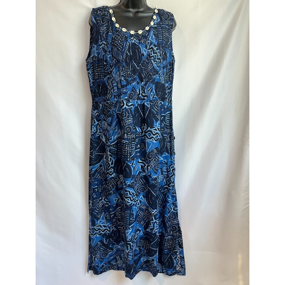 R&K Originals Vintage Midi Dress Shell Trim Sze 12 Blue Abstract Coastal Grandma